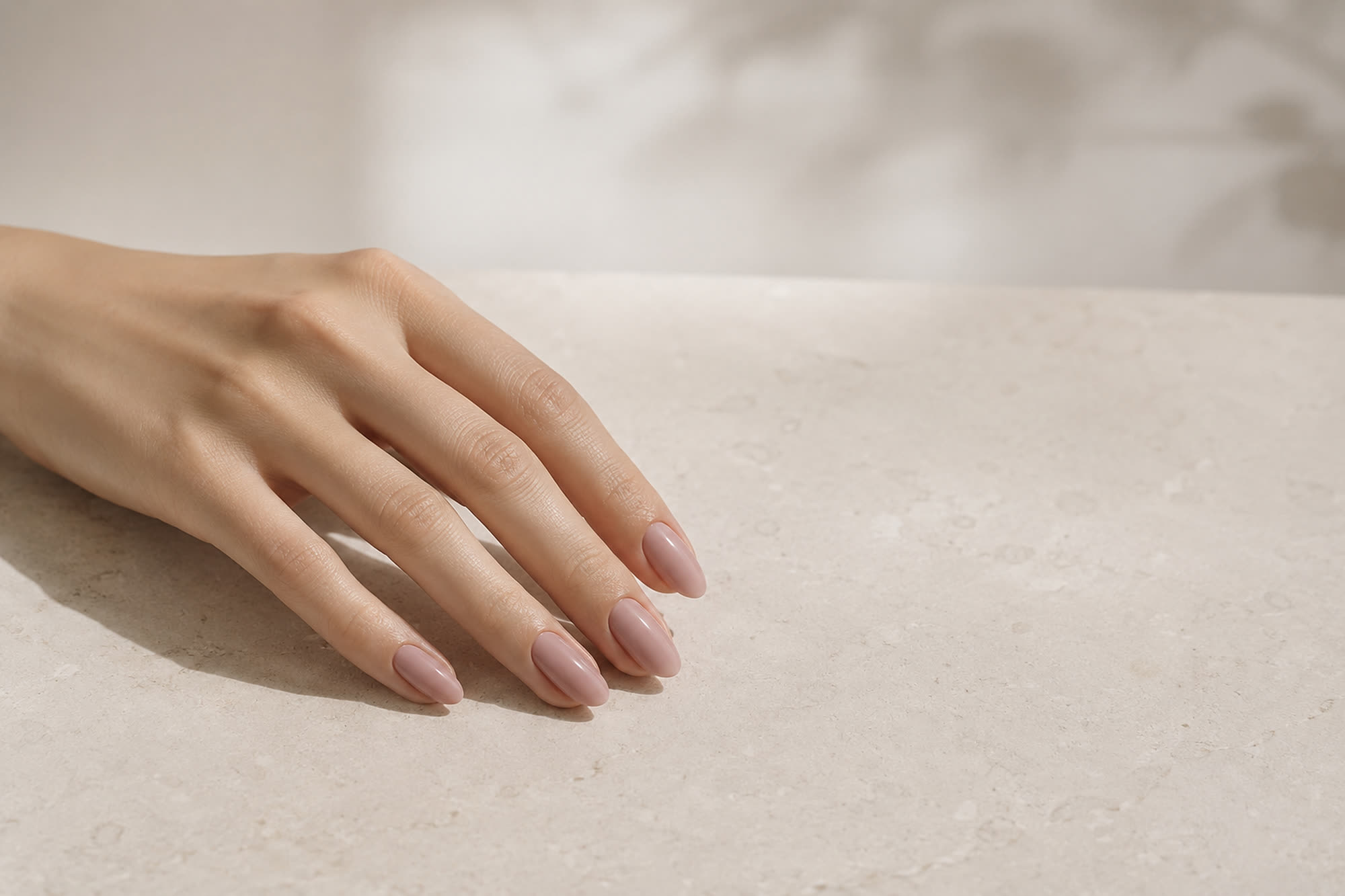 A fresh gel manicure catching a soft specular sheen