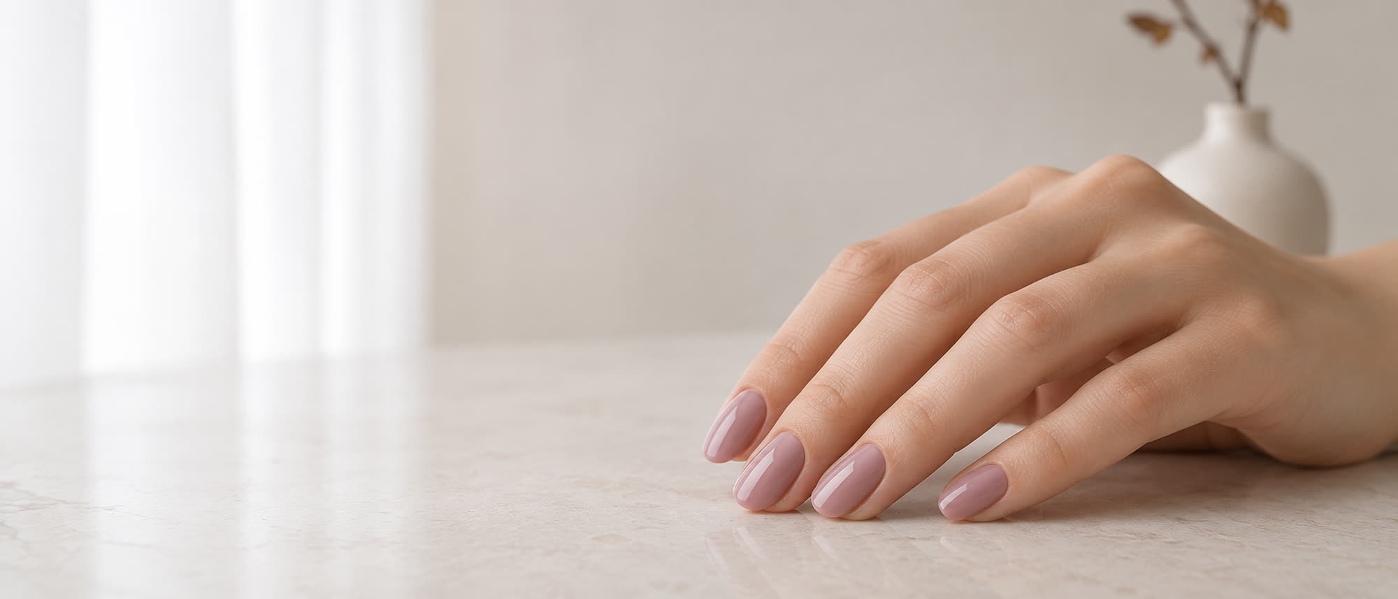A refined neutral and mauve manicure on a hand in soft light at A&V Nails Spa