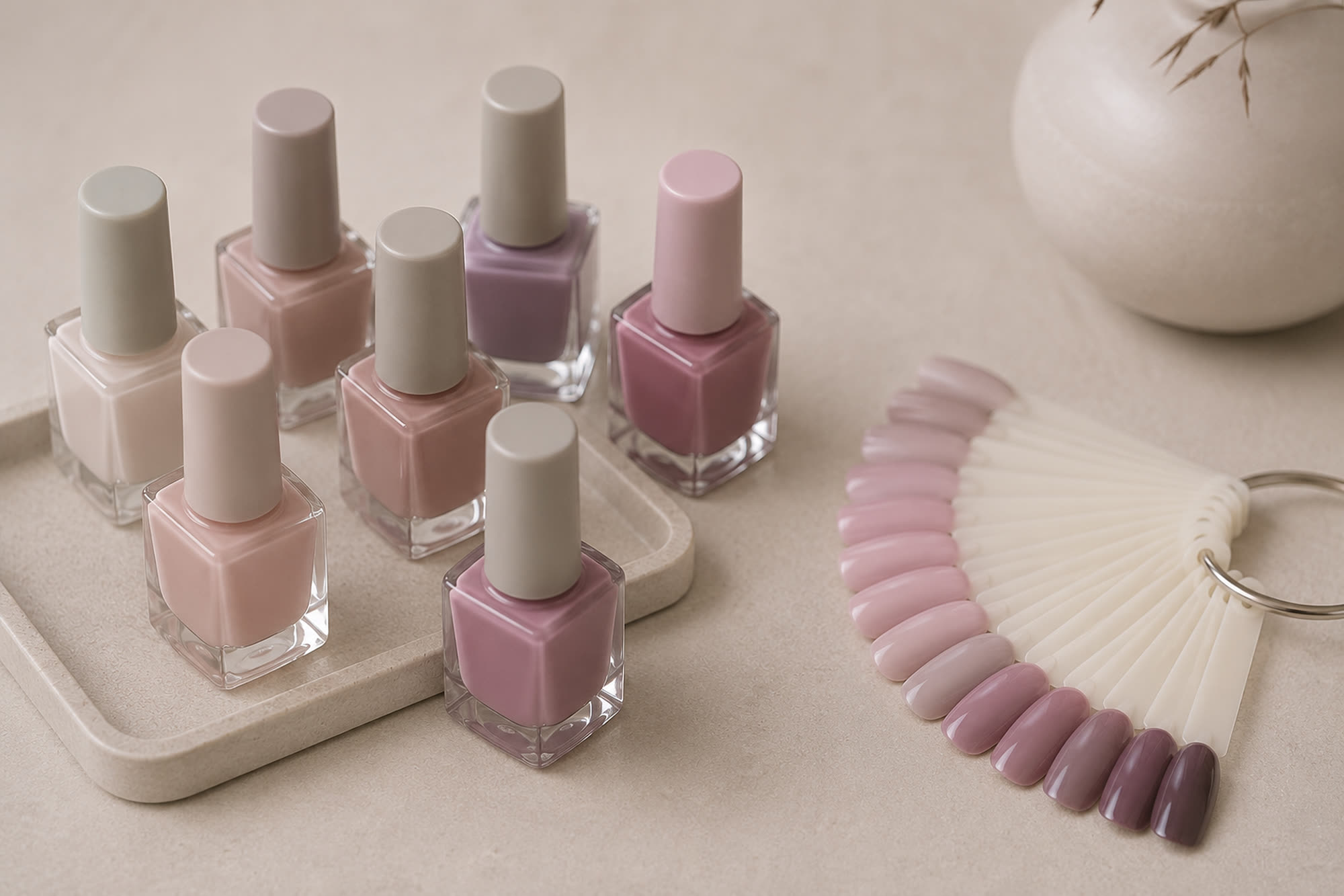Polish bottles and a swatch fan on greige stone