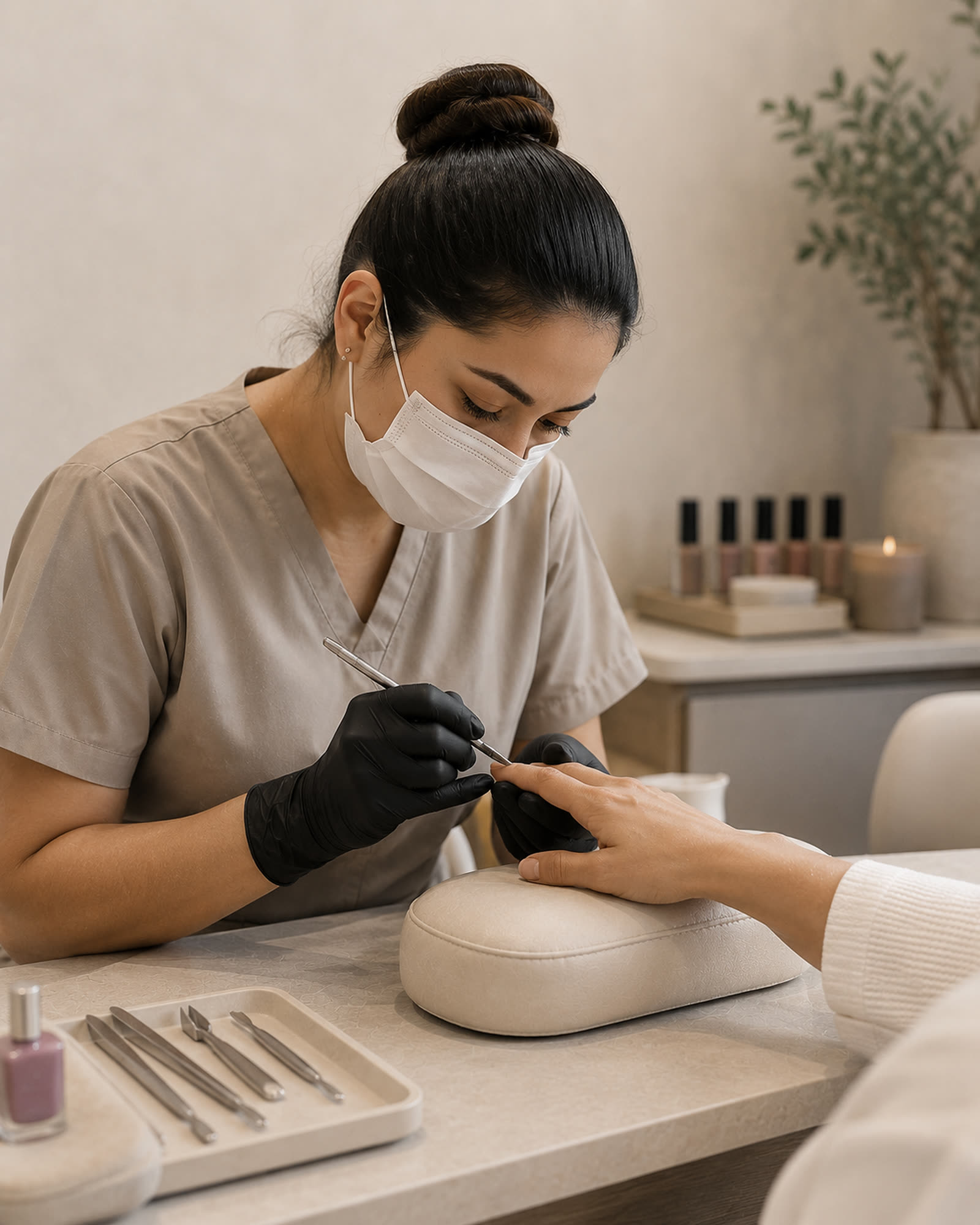 A nail technician at work, calm and careful